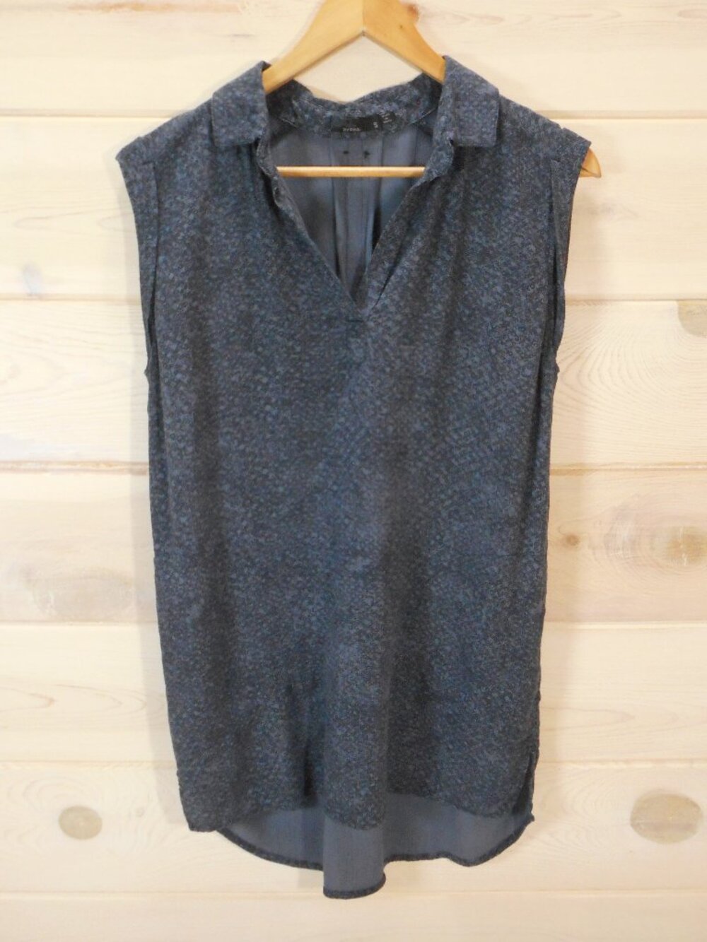 Prana Tunic Top Womens Sz S Sleeveless Collared Blue-Black Print Pockets